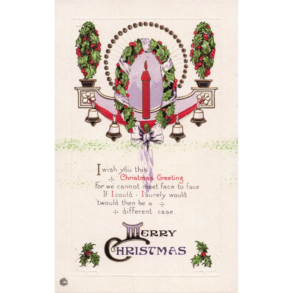 Vintage Christmas Postcard Embossed Red Candle Wreath Bells Series 850 D USA - Picture 1 of 2